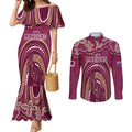 Personalized Australia QLD Rugby Indigenous Series Couples Matching Mermaid Dress and Long Sleeve Button Shirt Maroons Kangaroos