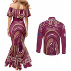 Personalized Australia QLD Rugby Indigenous Series Couples Matching Mermaid Dress and Long Sleeve Button Shirt Maroons Kangaroos