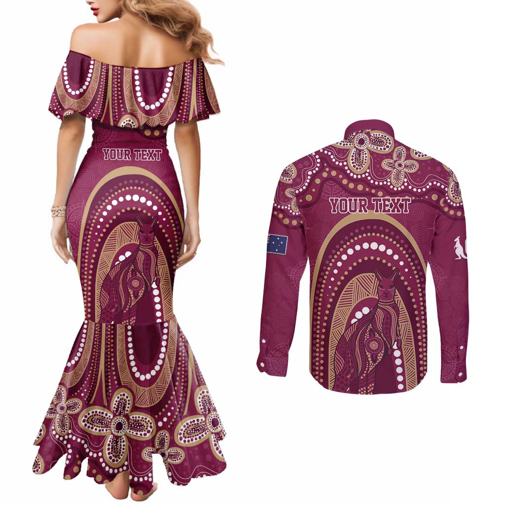 Personalized Australia QLD Rugby Indigenous Series Couples Matching Mermaid Dress and Long Sleeve Button Shirt Maroons Kangaroos