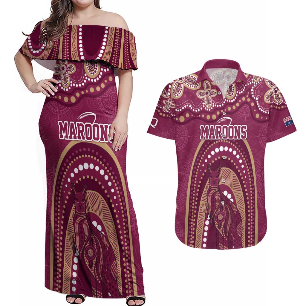 Personalized Australia QLD Rugby Indigenous Series Couples Matching Off Shoulder Maxi Dress and Hawaiian Shirt Maroons Kangaroos