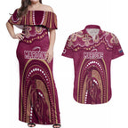 Personalized Australia QLD Rugby Indigenous Series Couples Matching Off Shoulder Maxi Dress and Hawaiian Shirt Maroons Kangaroos