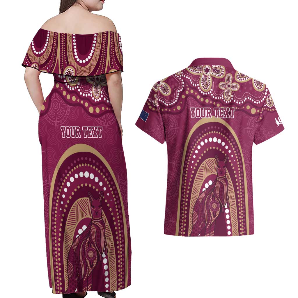 Personalized Australia QLD Rugby Indigenous Series Couples Matching Off Shoulder Maxi Dress and Hawaiian Shirt Maroons Kangaroos