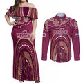 Personalized Australia QLD Rugby Indigenous Series Couples Matching Off Shoulder Maxi Dress and Long Sleeve Button Shirt Maroons Kangaroos