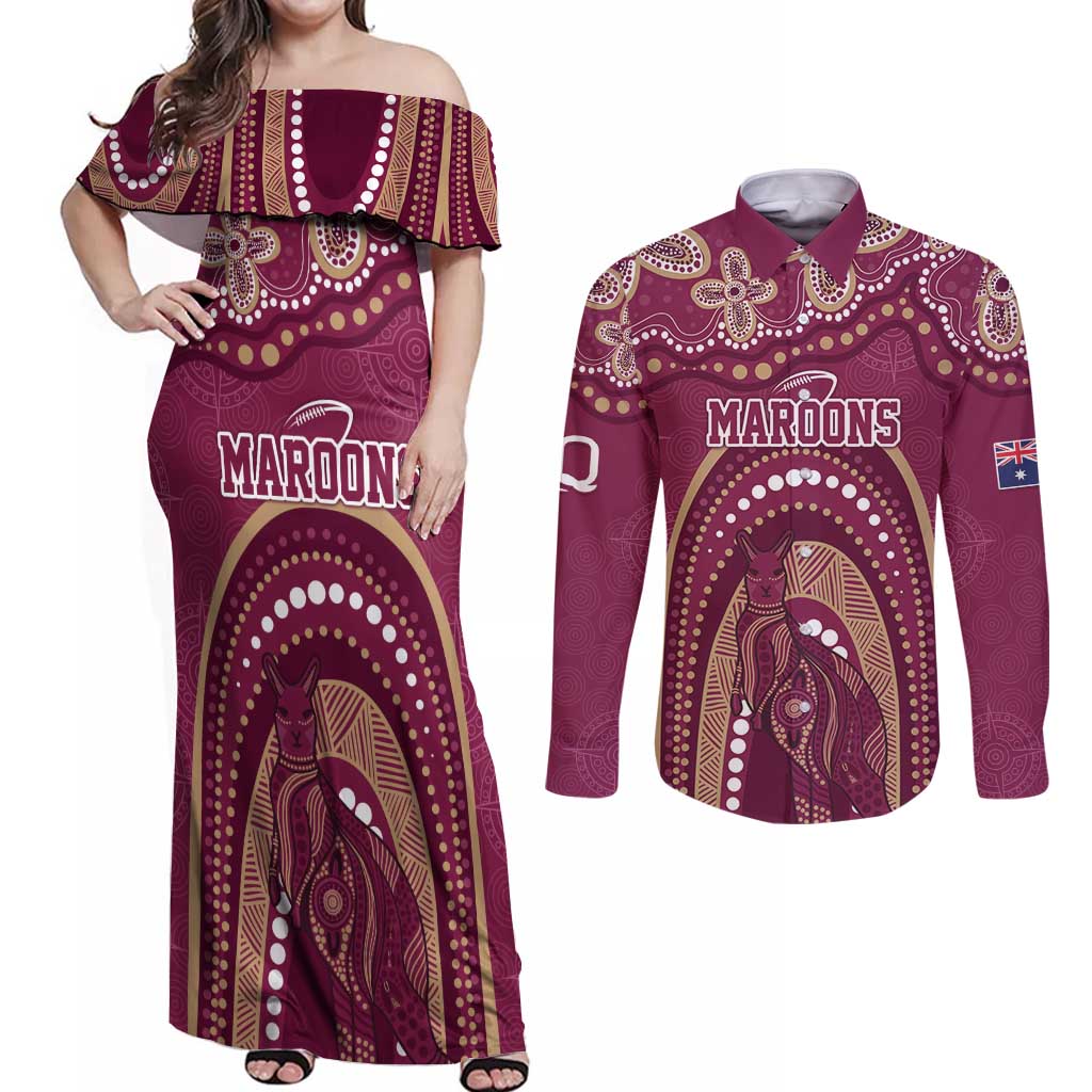 Personalized Australia QLD Rugby Indigenous Series Couples Matching Off Shoulder Maxi Dress and Long Sleeve Button Shirt Maroons Kangaroos