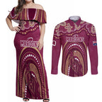 Personalized Australia QLD Rugby Indigenous Series Couples Matching Off Shoulder Maxi Dress and Long Sleeve Button Shirt Maroons Kangaroos