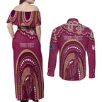Personalized Australia QLD Rugby Indigenous Series Couples Matching Off Shoulder Maxi Dress and Long Sleeve Button Shirt Maroons Kangaroos