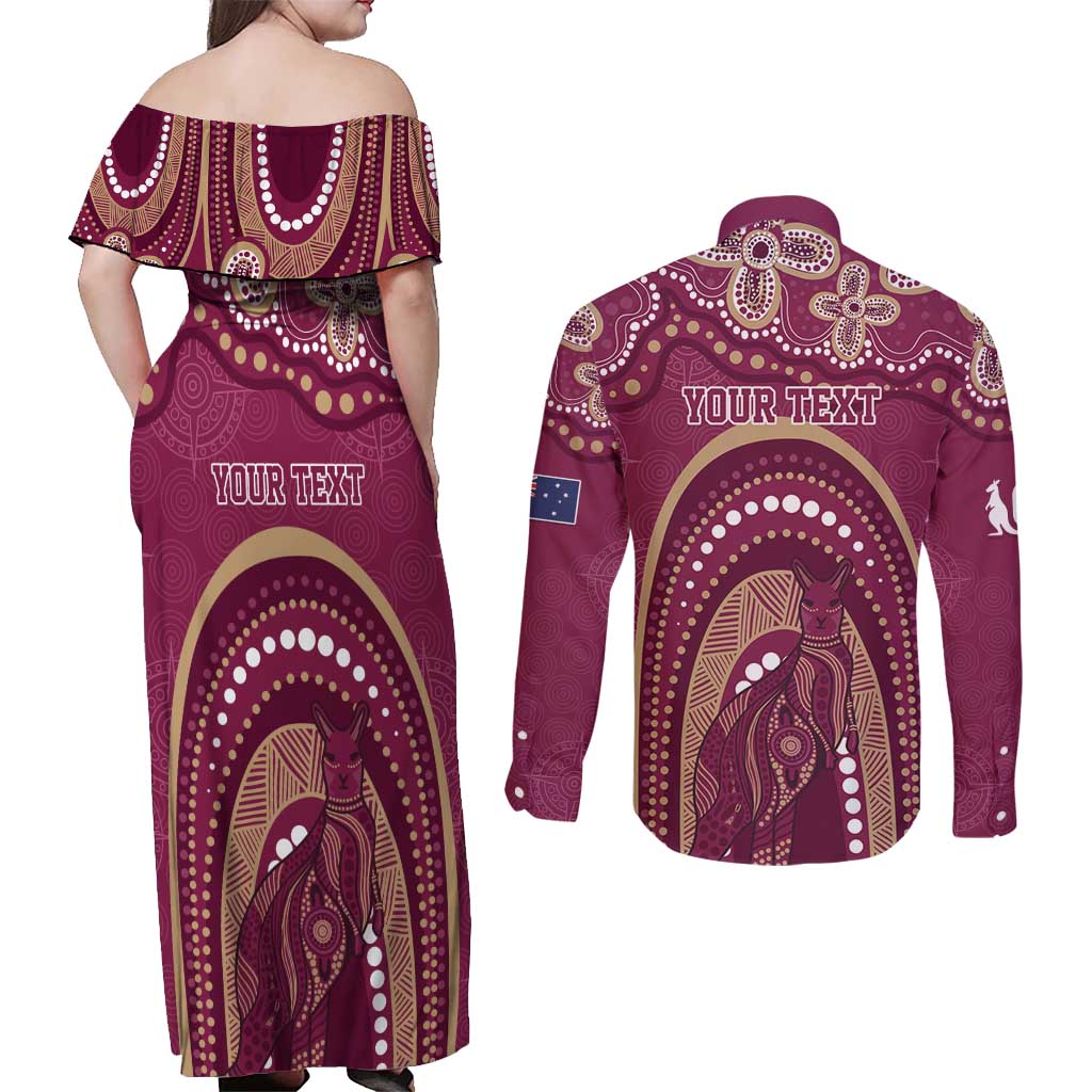 Personalized Australia QLD Rugby Indigenous Series Couples Matching Off Shoulder Maxi Dress and Long Sleeve Button Shirt Maroons Kangaroos