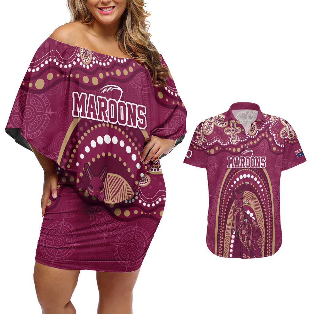 Personalized Australia QLD Rugby Indigenous Series Couples Matching Off Shoulder Short Dress and Hawaiian Shirt Maroons Kangaroos