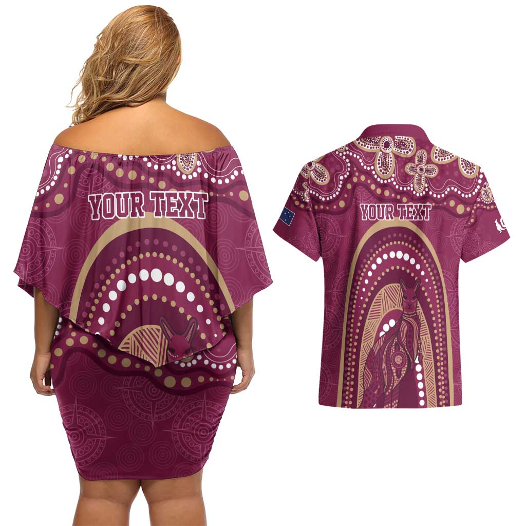 Personalized Australia QLD Rugby Indigenous Series Couples Matching Off Shoulder Short Dress and Hawaiian Shirt Maroons Kangaroos