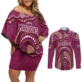Personalized Australia QLD Rugby Indigenous Series Couples Matching Off Shoulder Short Dress and Long Sleeve Button Shirt Maroons Kangaroos