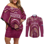Personalized Australia QLD Rugby Indigenous Series Couples Matching Off Shoulder Short Dress and Long Sleeve Button Shirt Maroons Kangaroos