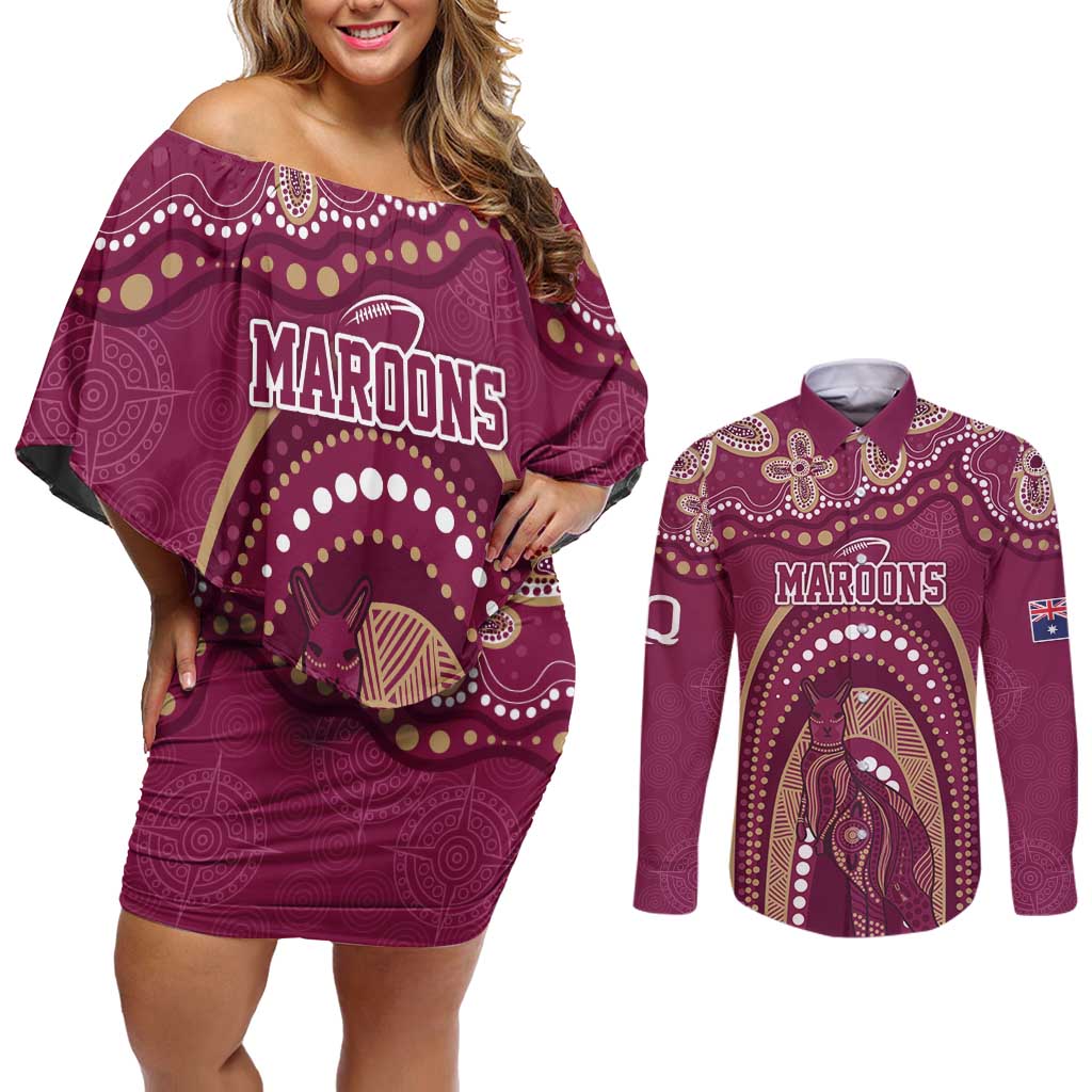 Personalized Australia QLD Rugby Indigenous Series Couples Matching Off Shoulder Short Dress and Long Sleeve Button Shirt Maroons Kangaroos