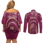 Personalized Australia QLD Rugby Indigenous Series Couples Matching Off Shoulder Short Dress and Long Sleeve Button Shirt Maroons Kangaroos