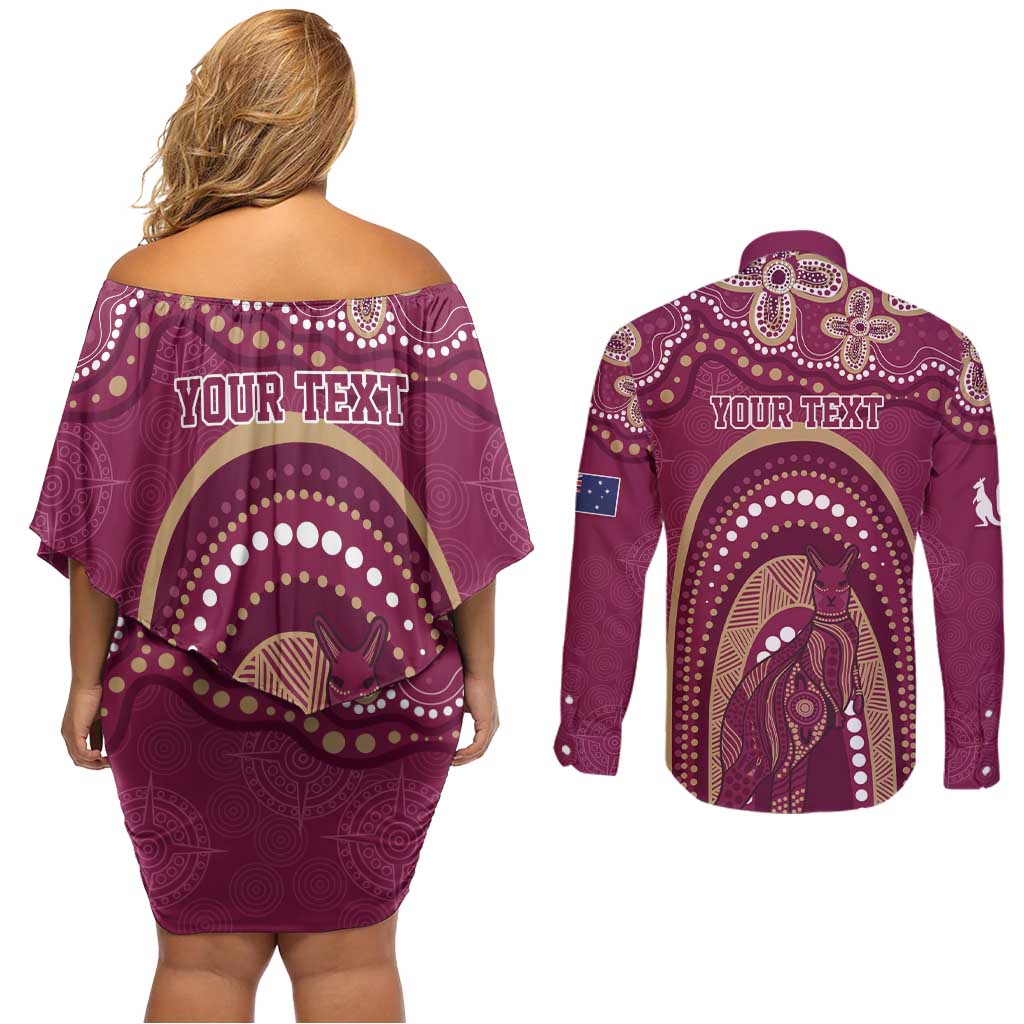 Personalized Australia QLD Rugby Indigenous Series Couples Matching Off Shoulder Short Dress and Long Sleeve Button Shirt Maroons Kangaroos