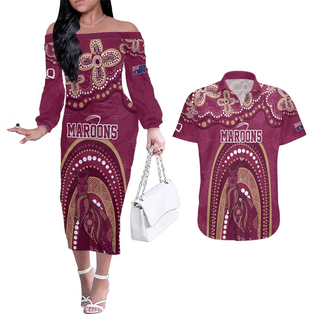 Personalized Australia QLD Rugby Indigenous Series Couples Matching Off The Shoulder Long Sleeve Dress and Hawaiian Shirt Maroons Kangaroos