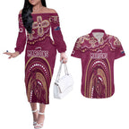 Personalized Australia QLD Rugby Indigenous Series Couples Matching Off The Shoulder Long Sleeve Dress and Hawaiian Shirt Maroons Kangaroos
