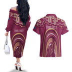 Personalized Australia QLD Rugby Indigenous Series Couples Matching Off The Shoulder Long Sleeve Dress and Hawaiian Shirt Maroons Kangaroos