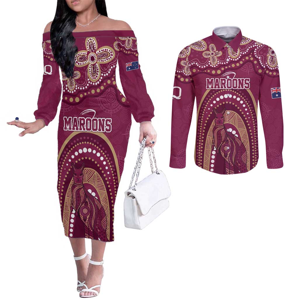 Personalized Australia QLD Rugby Indigenous Series Couples Matching Off The Shoulder Long Sleeve Dress and Long Sleeve Button Shirt Maroons Kangaroos