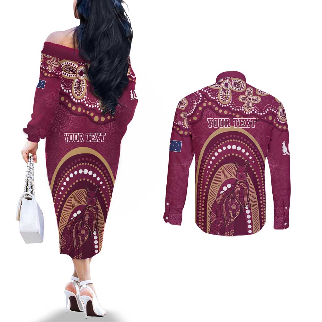 Personalized Australia QLD Rugby Indigenous Series Couples Matching Off The Shoulder Long Sleeve Dress and Long Sleeve Button Shirt Maroons Kangaroos