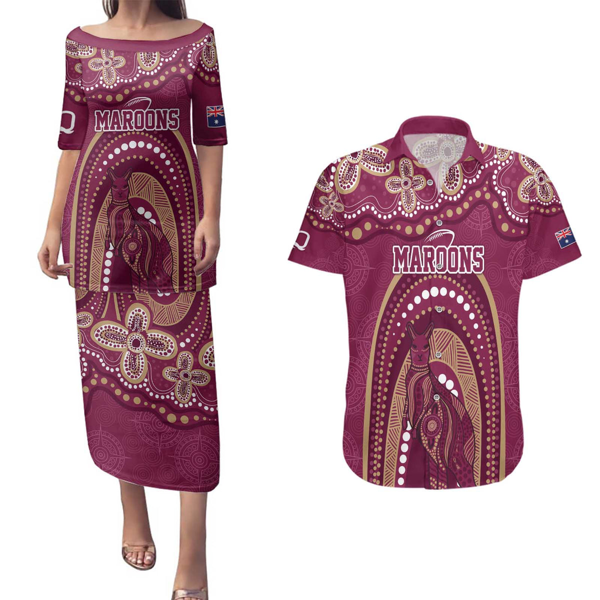 Personalized Australia QLD Rugby Indigenous Series Couples Matching Puletasi and Hawaiian Shirt Maroons Kangaroos