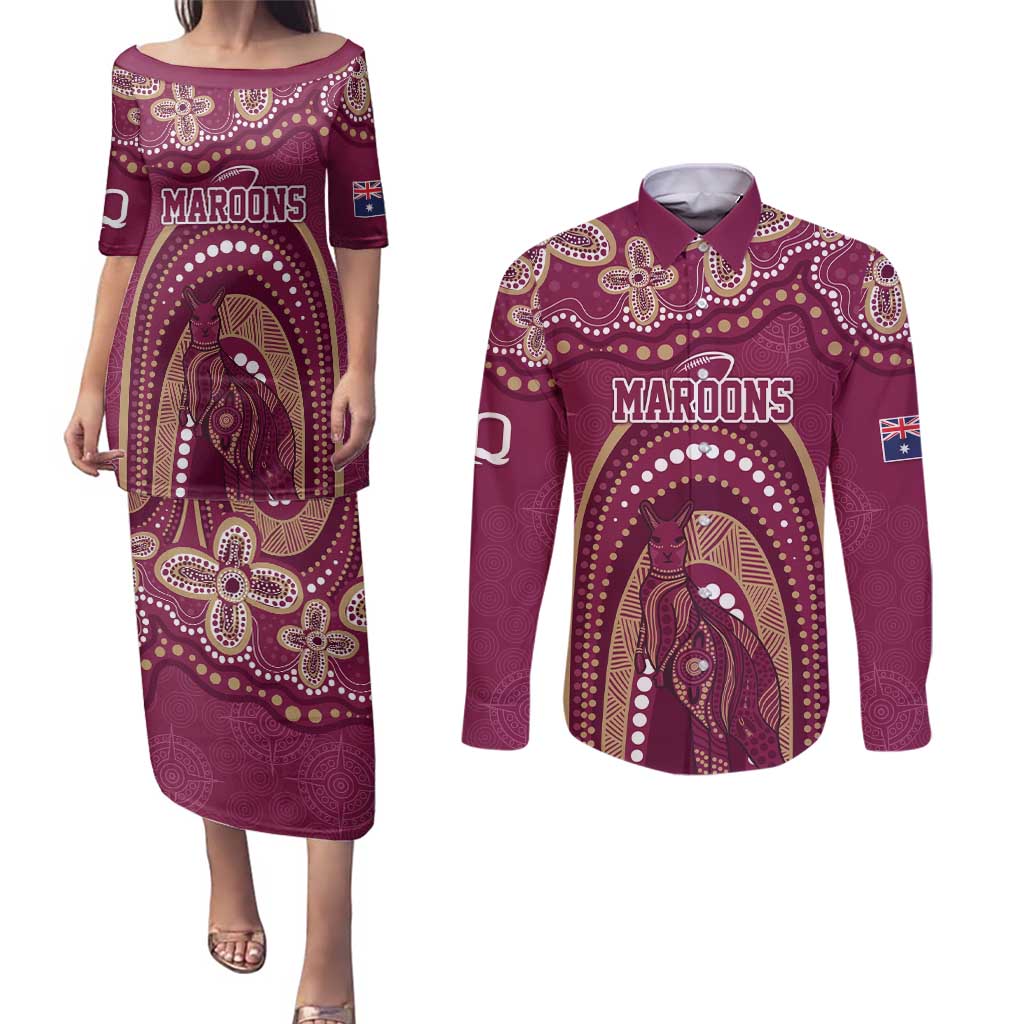 Personalized Australia QLD Rugby Indigenous Series Couples Matching Puletasi and Long Sleeve Button Shirt Maroons Kangaroos