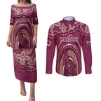 Personalized Australia QLD Rugby Indigenous Series Couples Matching Puletasi and Long Sleeve Button Shirt Maroons Kangaroos