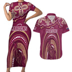 Personalized Australia QLD Rugby Indigenous Series Couples Matching Short Sleeve Bodycon Dress and Hawaiian Shirt Maroons Kangaroos