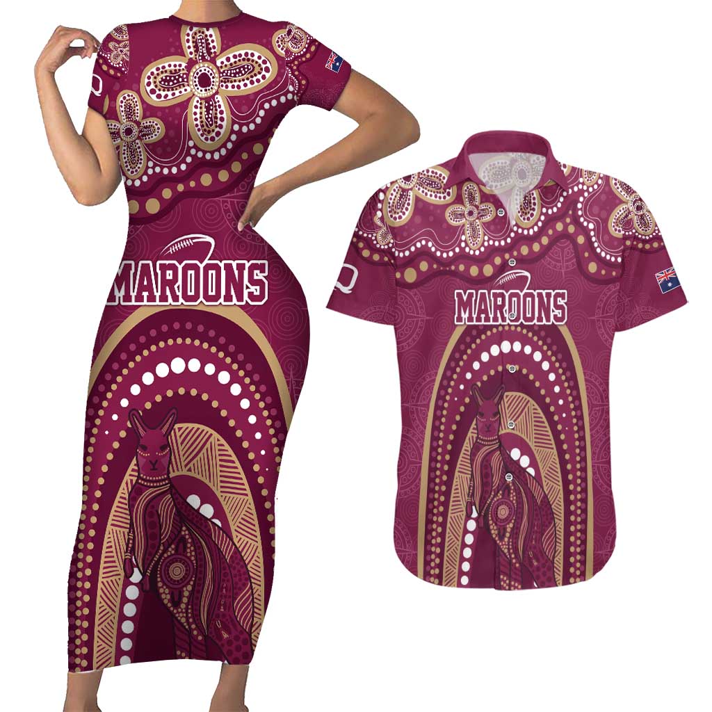 Personalized Australia QLD Rugby Indigenous Series Couples Matching Short Sleeve Bodycon Dress and Hawaiian Shirt Maroons Kangaroos