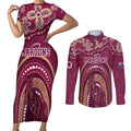 Personalized Australia QLD Rugby Indigenous Series Couples Matching Short Sleeve Bodycon Dress and Long Sleeve Button Shirt Maroons Kangaroos