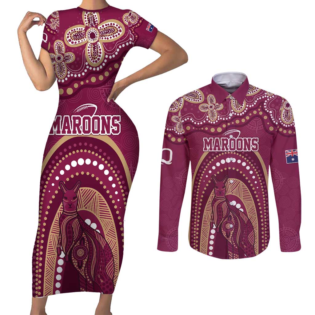 Personalized Australia QLD Rugby Indigenous Series Couples Matching Short Sleeve Bodycon Dress and Long Sleeve Button Shirt Maroons Kangaroos