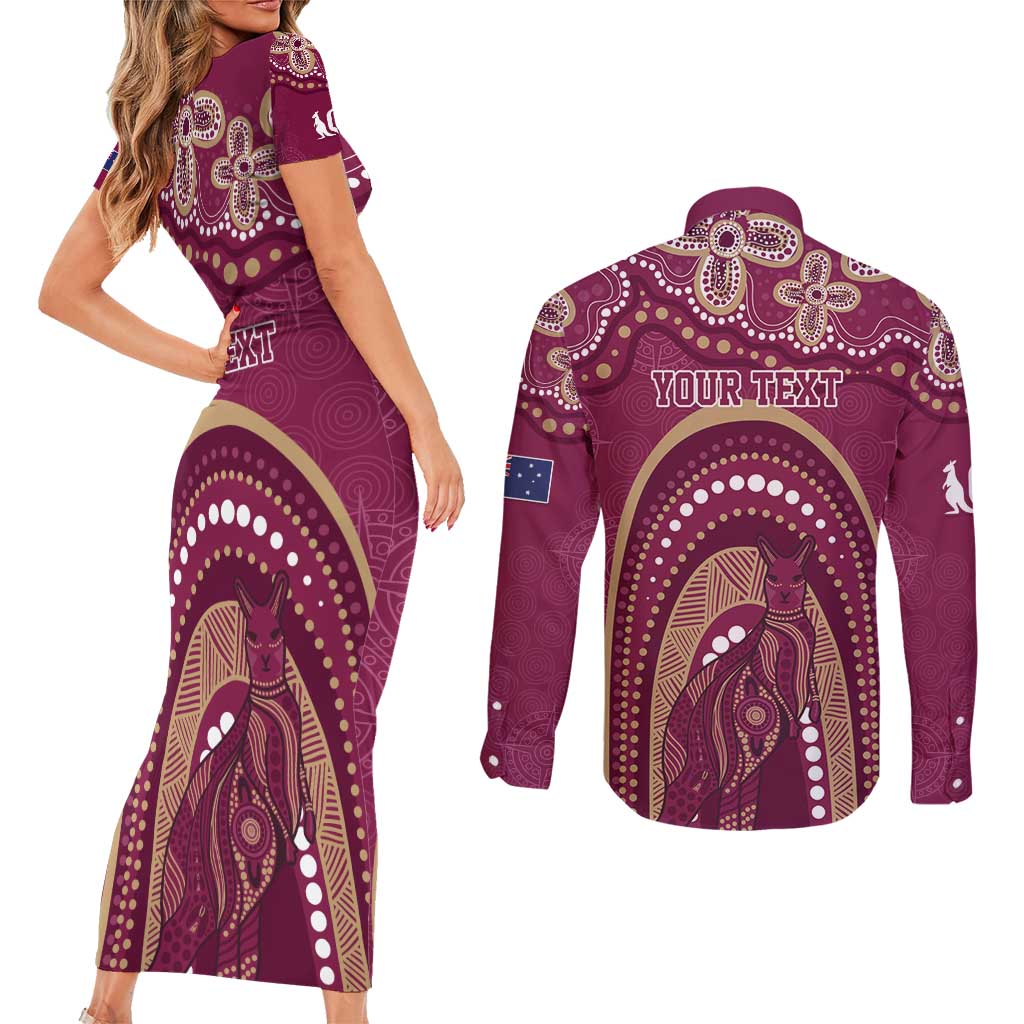 Personalized Australia QLD Rugby Indigenous Series Couples Matching Short Sleeve Bodycon Dress and Long Sleeve Button Shirt Maroons Kangaroos
