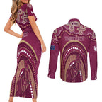 Personalized Australia QLD Rugby Indigenous Series Couples Matching Short Sleeve Bodycon Dress and Long Sleeve Button Shirt Maroons Kangaroos