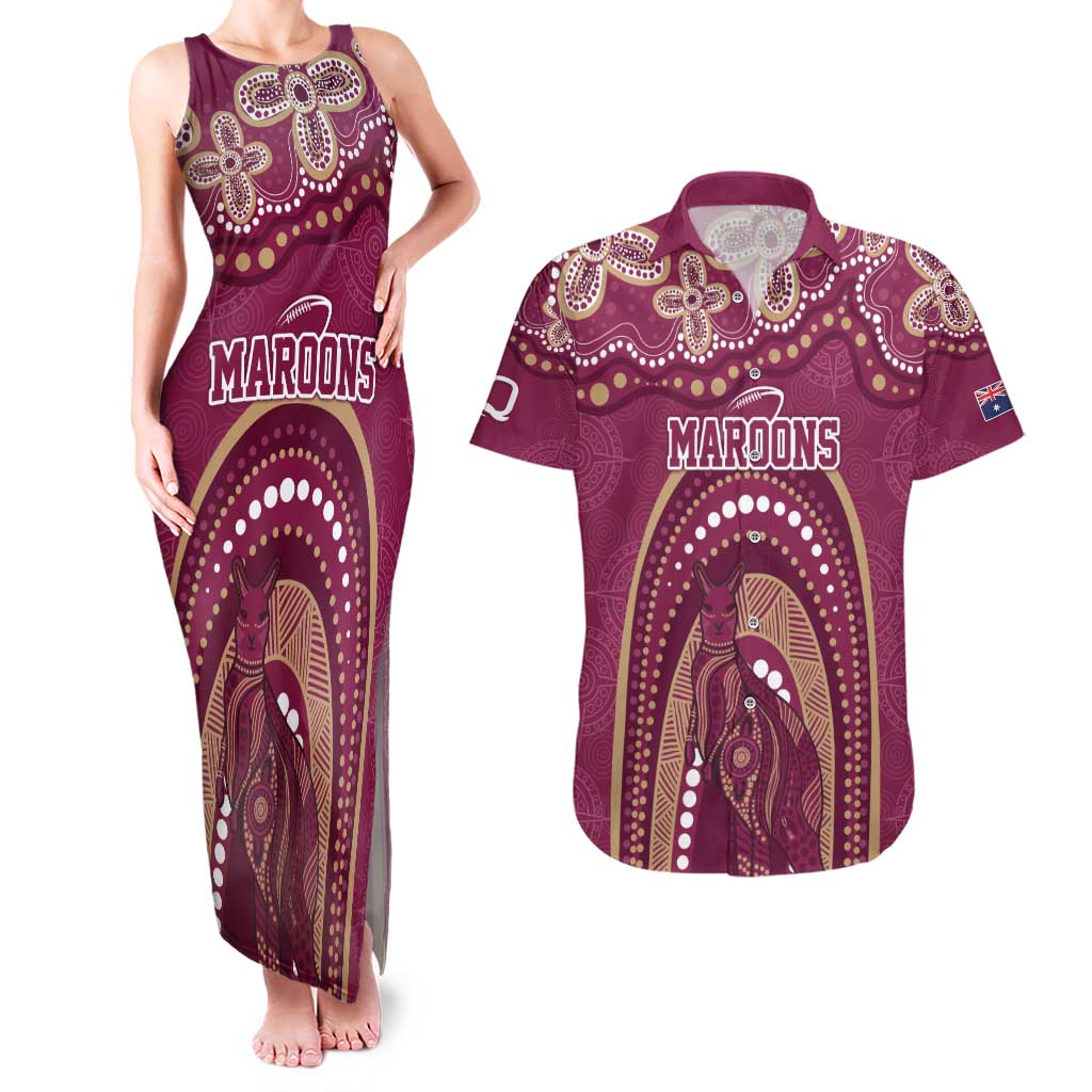Personalized Australia QLD Rugby Indigenous Series Couples Matching Tank Maxi Dress and Hawaiian Shirt Maroons Kangaroos