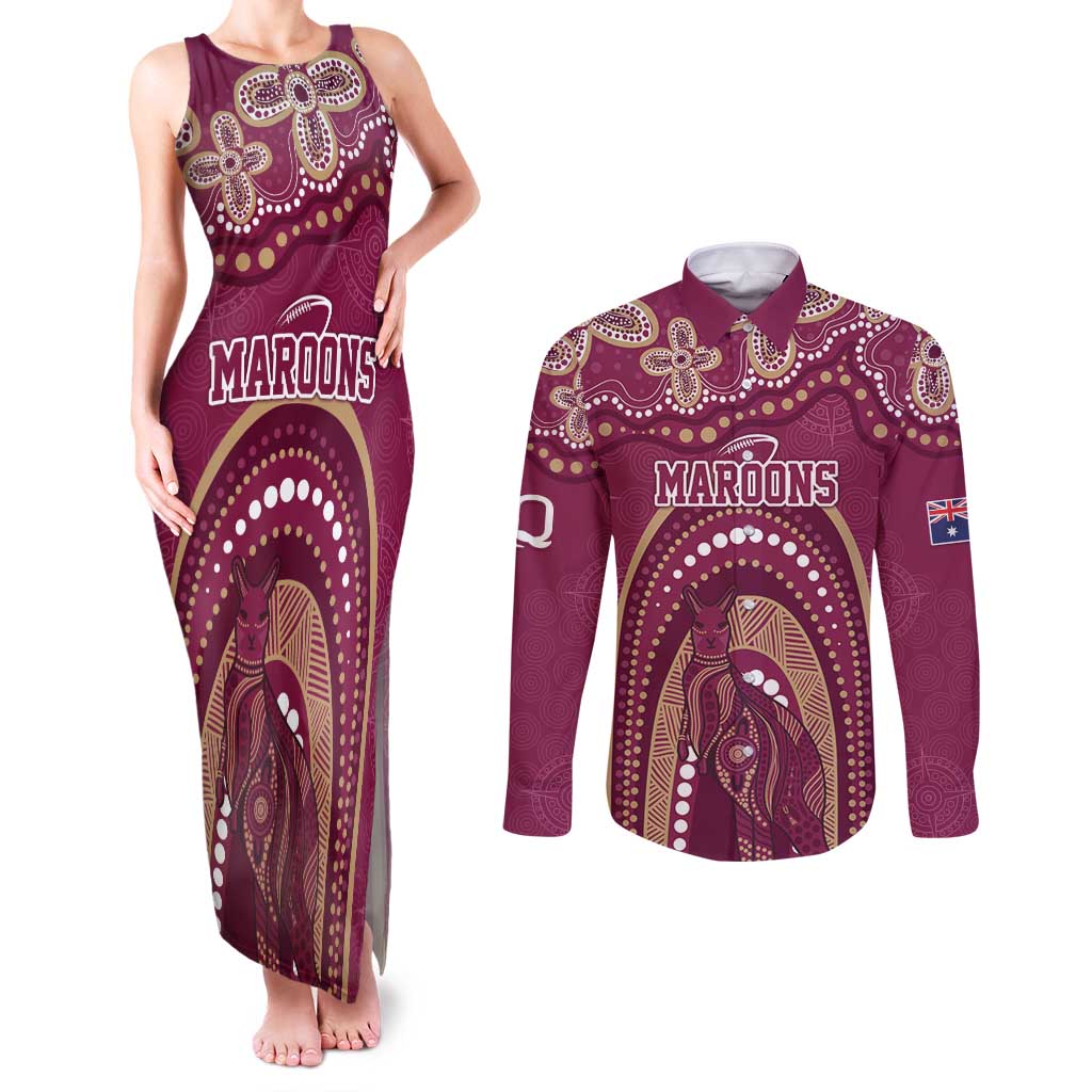 Personalized Australia QLD Rugby Indigenous Series Couples Matching Tank Maxi Dress and Long Sleeve Button Shirt Maroons Kangaroos