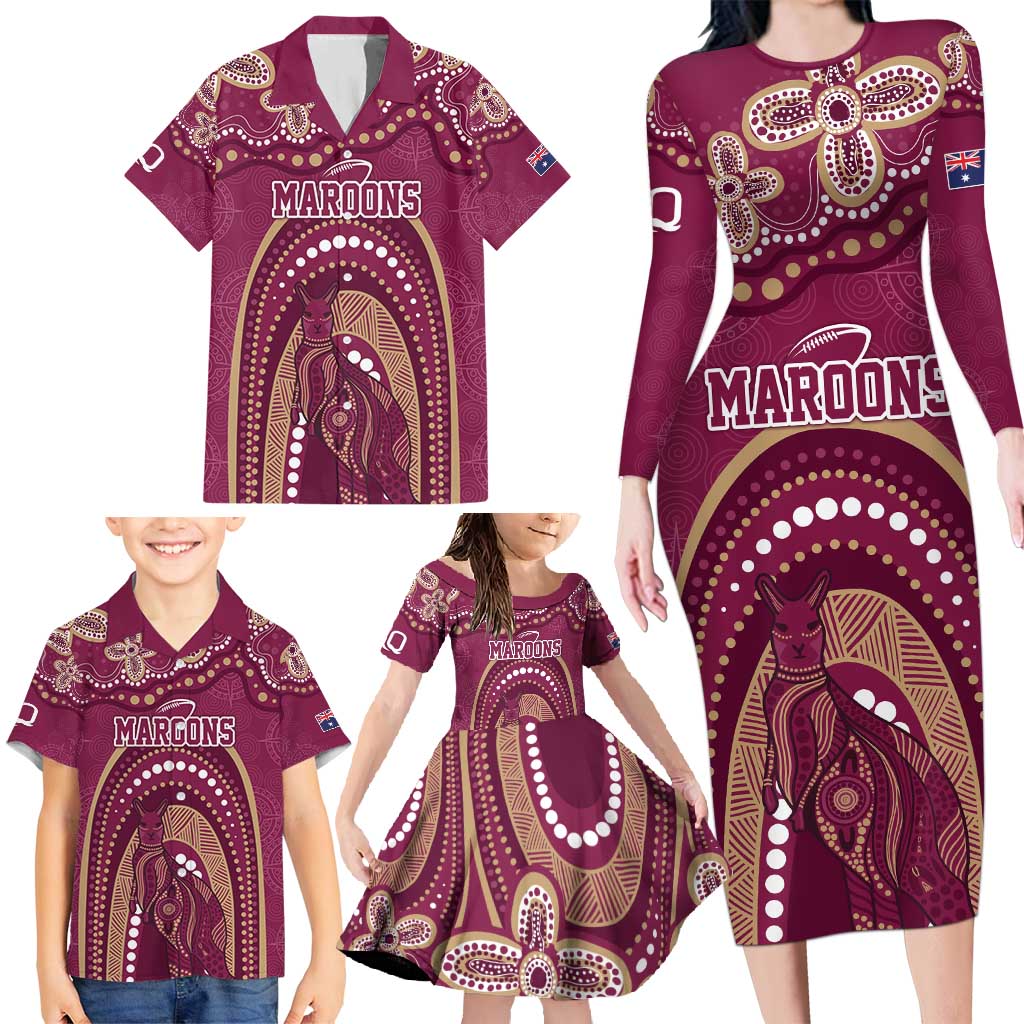 Personalized Australia QLD Rugby Indigenous Series Family Matching Long Sleeve Bodycon Dress and Hawaiian Shirt Maroons Kangaroos