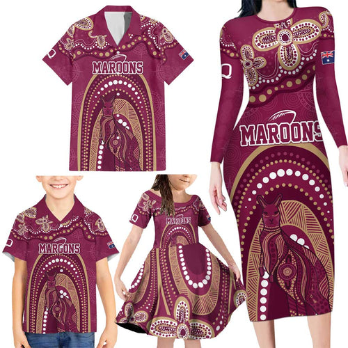 Personalized Australia QLD Rugby Indigenous Series Family Matching Long Sleeve Bodycon Dress and Hawaiian Shirt Maroons Kangaroos