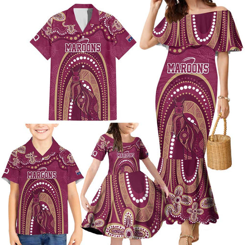 Personalized Australia QLD Rugby Indigenous Series Family Matching Mermaid Dress and Hawaiian Shirt Maroons Kangaroos