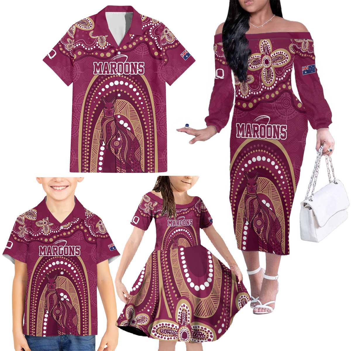 Personalized Australia QLD Rugby Indigenous Series Family Matching Off The Shoulder Long Sleeve Dress and Hawaiian Shirt Maroons Kangaroos
