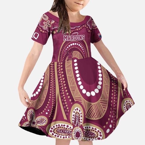 Personalized Australia QLD Rugby Indigenous Series Family Matching Off The Shoulder Long Sleeve Dress and Hawaiian Shirt Maroons Kangaroos
