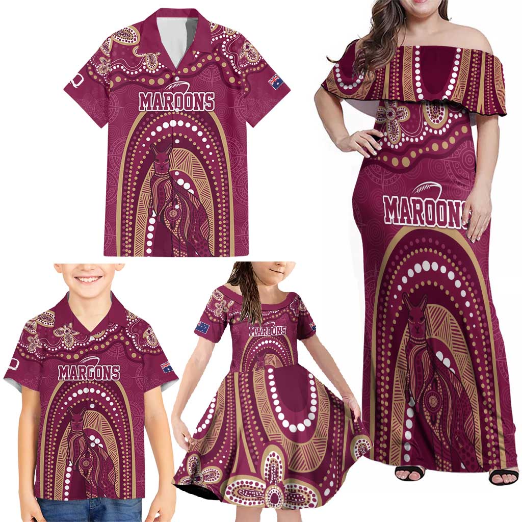 Personalized Australia QLD Rugby Indigenous Series Family Matching Off Shoulder Maxi Dress and Hawaiian Shirt Maroons Kangaroos