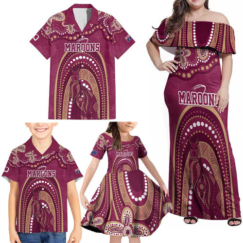 Personalized Australia QLD Rugby Indigenous Series Family Matching Off Shoulder Maxi Dress and Hawaiian Shirt Maroons Kangaroos