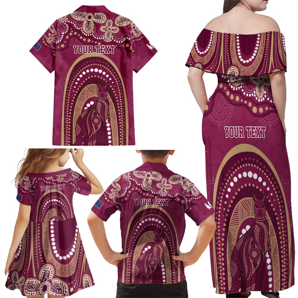 Personalized Australia QLD Rugby Indigenous Series Family Matching Off Shoulder Maxi Dress and Hawaiian Shirt Maroons Kangaroos