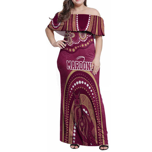 Personalized Australia QLD Rugby Indigenous Series Family Matching Off Shoulder Maxi Dress and Hawaiian Shirt Maroons Kangaroos