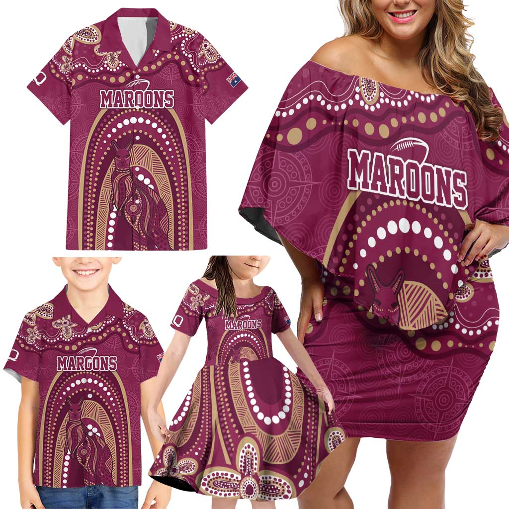 Personalized Australia QLD Rugby Indigenous Series Family Matching Off Shoulder Short Dress and Hawaiian Shirt Maroons Kangaroos