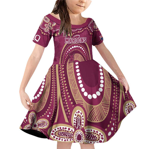 Personalized Australia QLD Rugby Indigenous Series Family Matching Off Shoulder Short Dress and Hawaiian Shirt Maroons Kangaroos