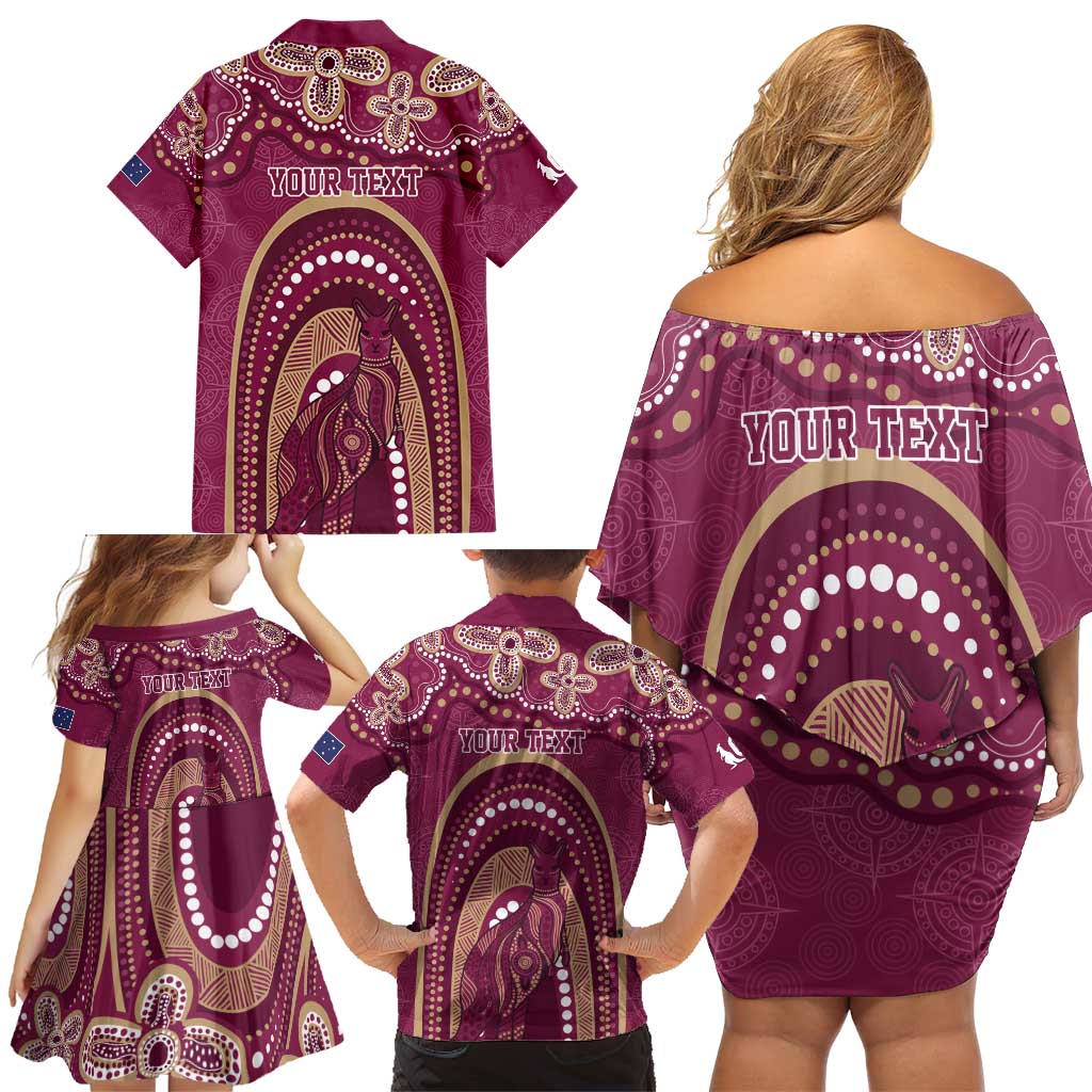 Personalized Australia QLD Rugby Indigenous Series Family Matching Off Shoulder Short Dress and Hawaiian Shirt Maroons Kangaroos