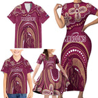 Personalized Australia QLD Rugby Indigenous Series Family Matching Short Sleeve Bodycon Dress and Hawaiian Shirt Maroons Kangaroos
