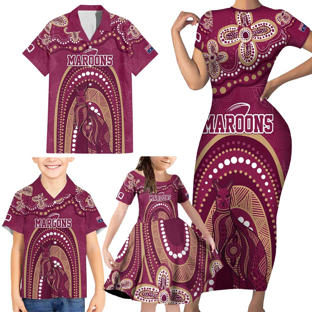 Personalized Australia QLD Rugby Indigenous Series Family Matching Short Sleeve Bodycon Dress and Hawaiian Shirt Maroons Kangaroos