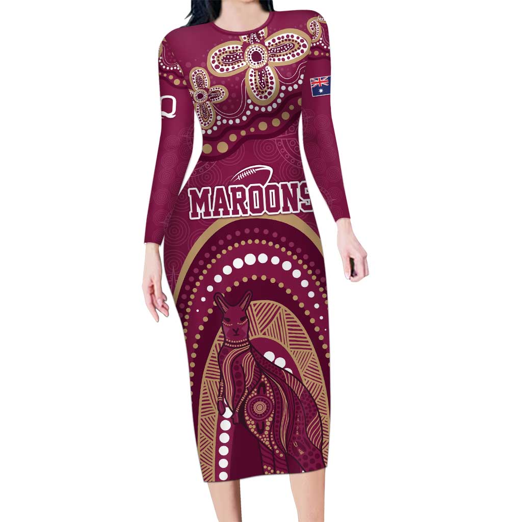Personalized Australia QLD Rugby Indigenous Series Long Sleeve Bodycon Dress Maroons Kangaroos