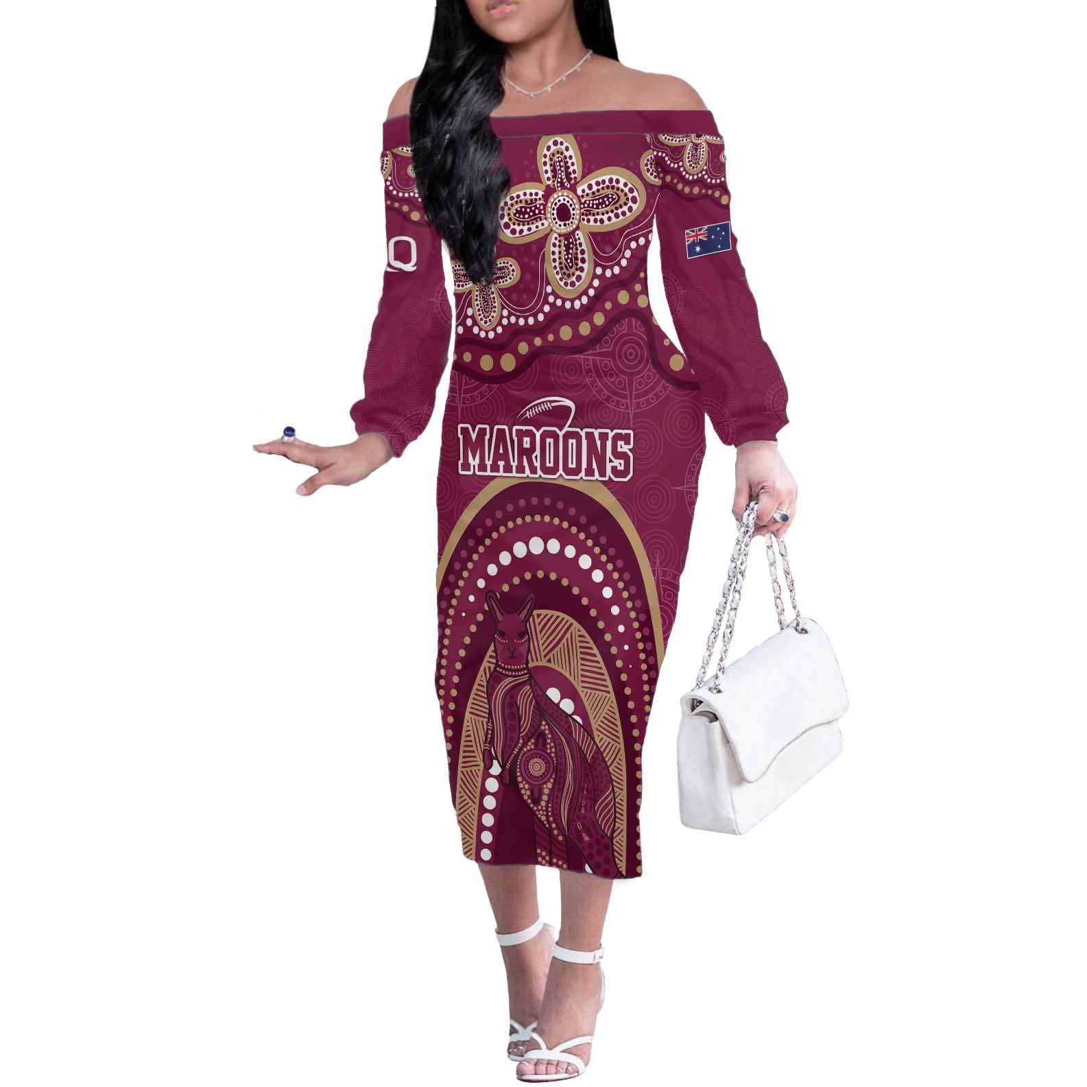 Personalized Australia QLD Rugby Indigenous Series Off The Shoulder Long Sleeve Dress Maroons Kangaroos